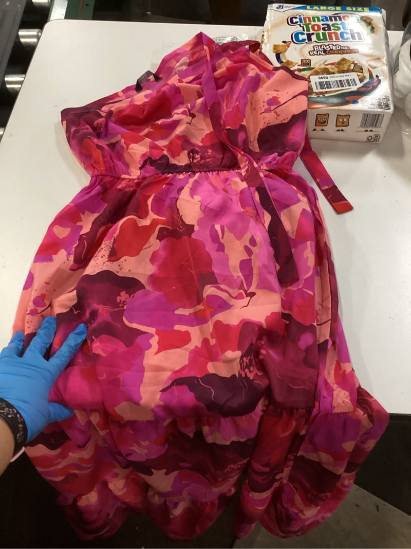 Condition photo showing Good Condition for PRETTYGARDEN Women's Summer Floral One Shoulder Maxi Dress Knot Ruffle Boho Beach Vacation Wedding Guest Long Sun Dresses Rose Red Big Floral Small