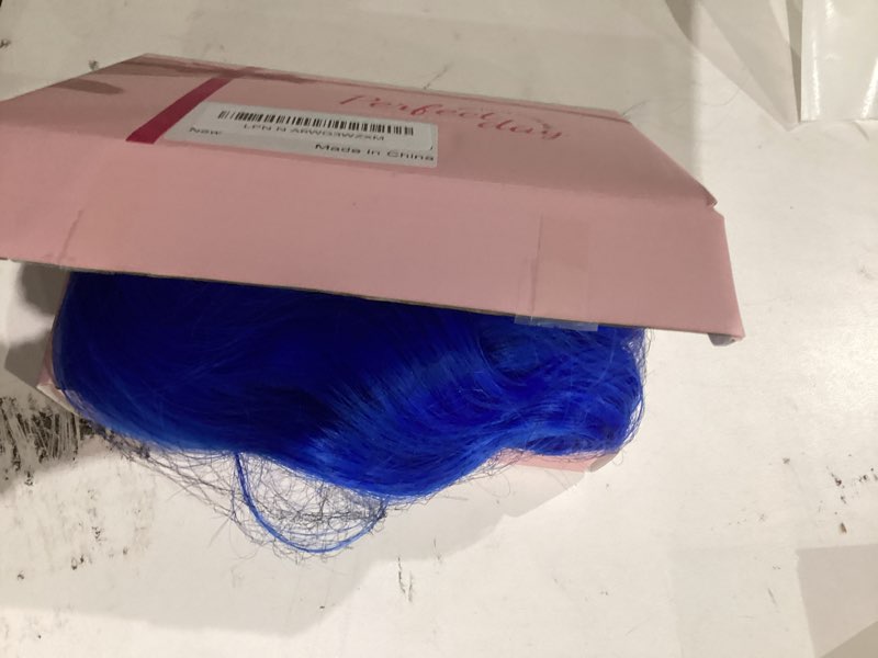 Condition photo showing New/Like New for Blue Wig for Women Short Wavy Wigs with Bangs Bob Curly Wig Women's Colorful Wigs Shoulder Length Synthetic Heat Resistant Fiber Wigs for Cosplay Halloween Costume Party(14 Inches)