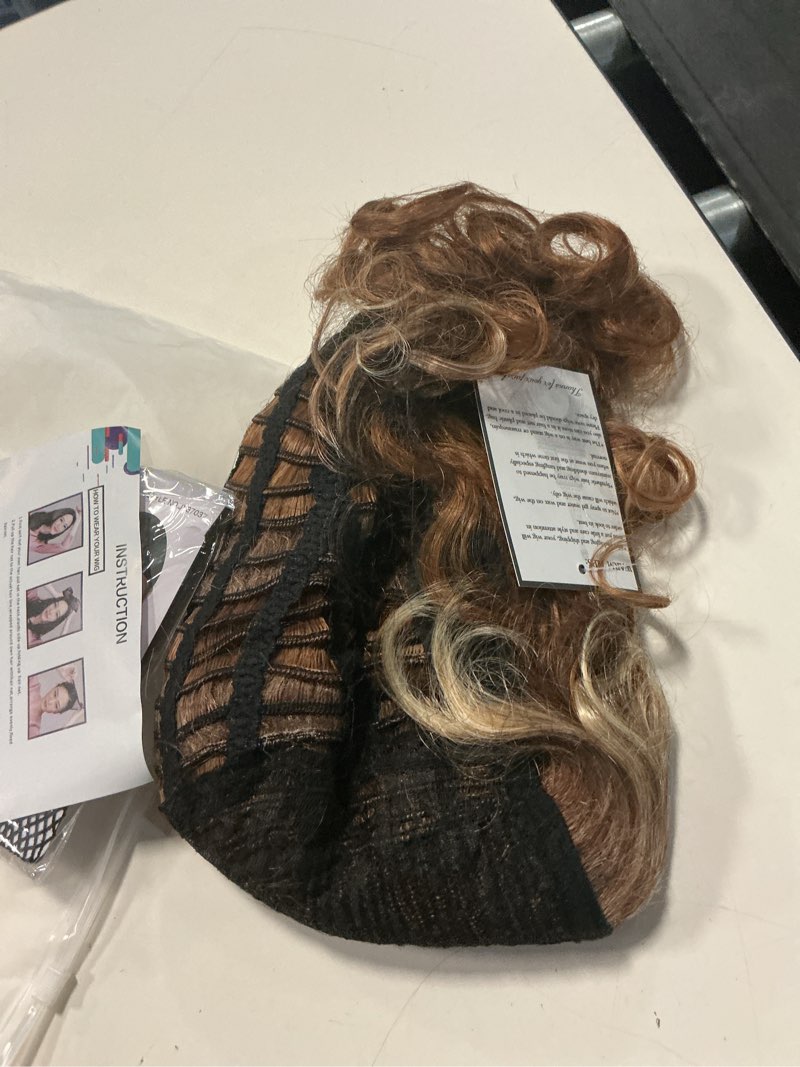 Condition photo showing Good Condition for short curly light brown wig with bangs for women shaggy curly natural synthetic heat resistant cosplay costume wig(mixed blonde)