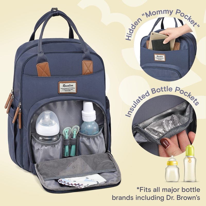 Ruvalino Baby Diaper Bag Backpack, Multifunction Waterproof Travel Bag with Bottle Holders, Durable Fabric and Changing Pad, Navy Blue