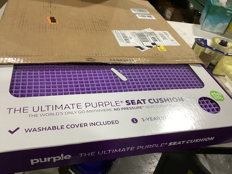 Condition photo showing As Is for purple ultimate seat cushion | pressure reducing grid designed for ultimate comfort | designed for gaming | made in the usa