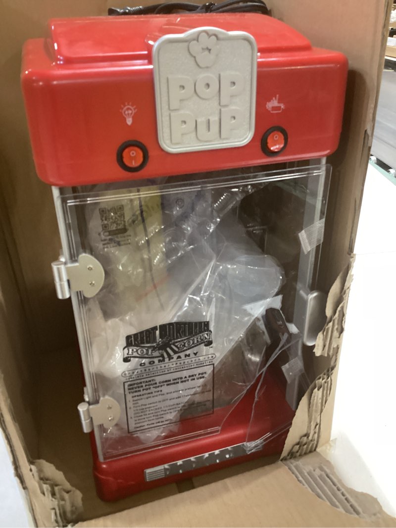 Condition photo showing As Is for pop pup popcorn machine - 2.5oz popper with stainless-steel kettle, serving tray, warming light and accessories by great northern popcorn (red)