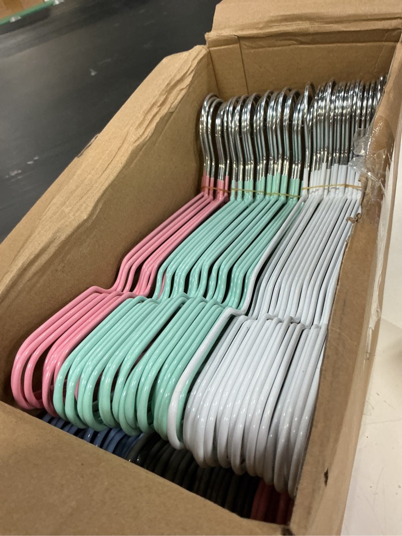Condition photo showing Good Condition for wesiti 100 pcs metal wire non slip hangers for clothes space saving hanger strong 15.7 in triangle clothes coat suit bridal boutique dress for closet dorm rack(colorful)