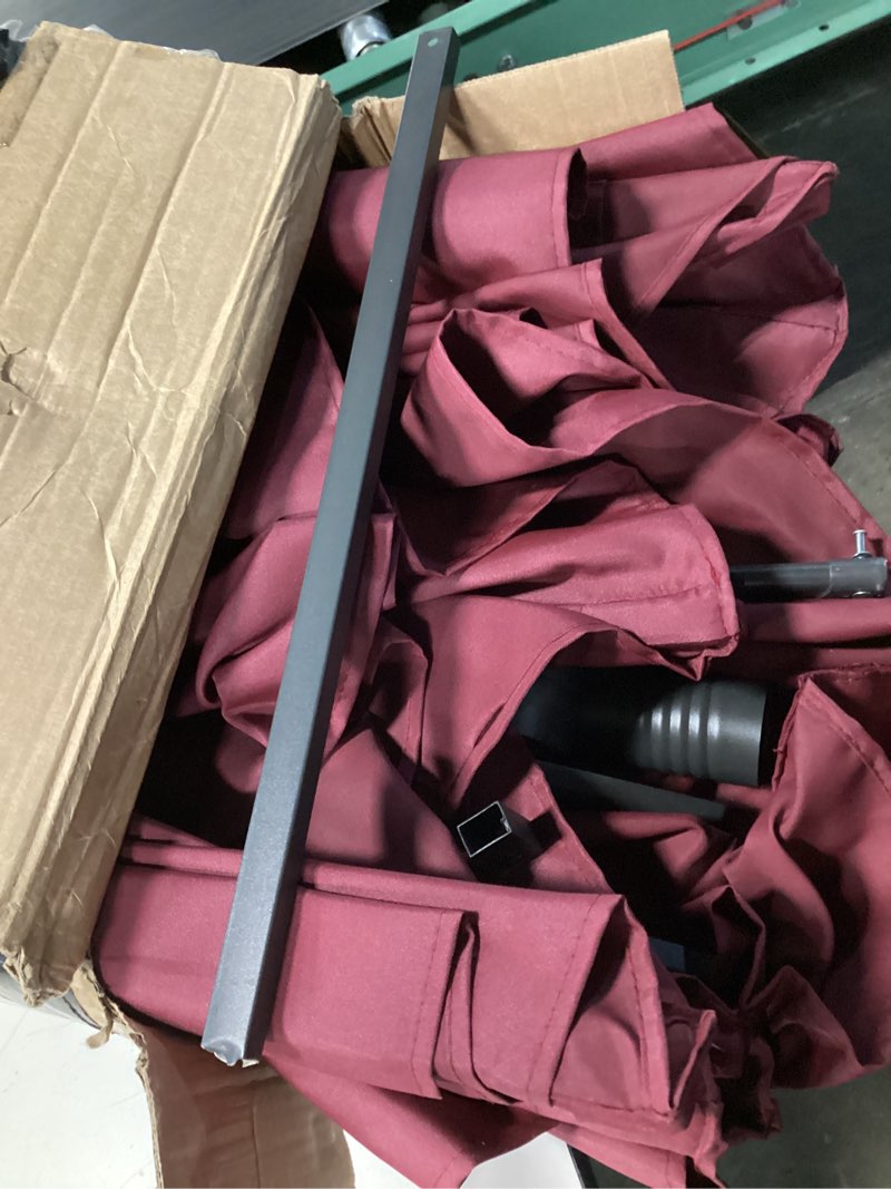 Condition photo showing As Is for gdpfn 15ft large patio umbrella, outdoor deck standing umbrella with crank handle, double-side rectangular pool umbrella for outside, market, patio, burgundy (base not include) 15ft burgundy