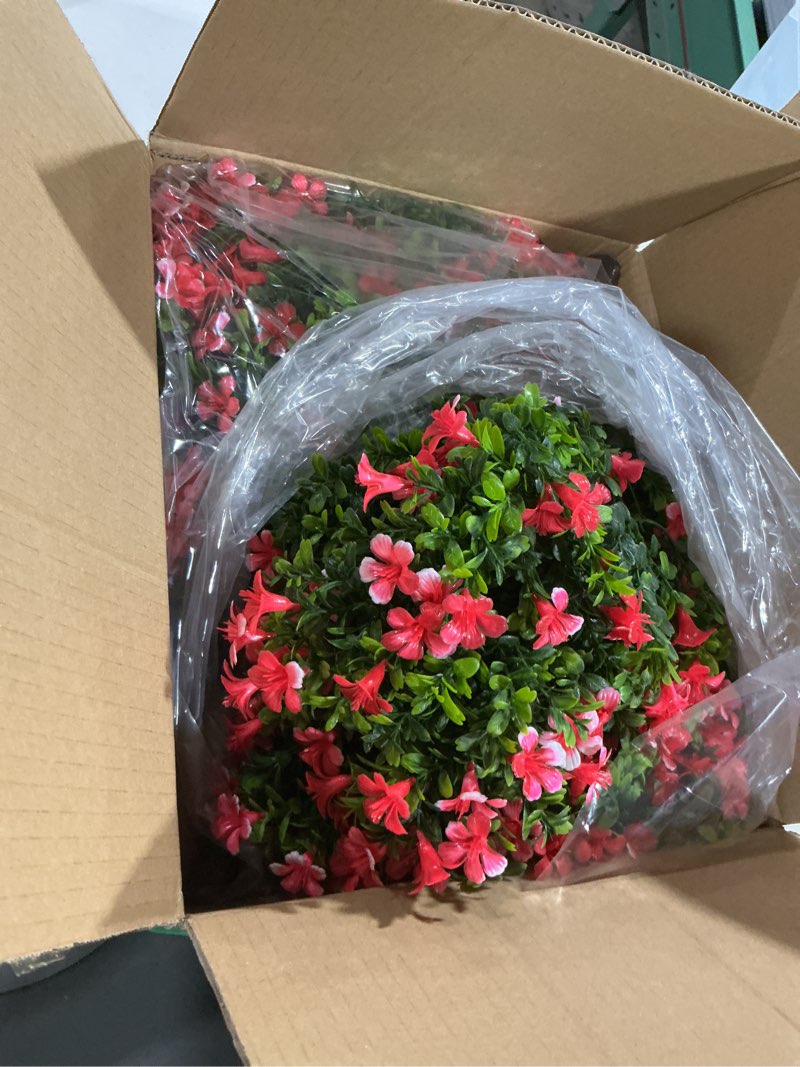 Condition photo showing Good Condition for Fake Plants - 18" Wide Set of 2 Faux Boxwood Plants for Outdoor Planters, UV Resistant Artificial Topairy Ball Trees with Spike for Outdoor Decor A - Pink Lilacs