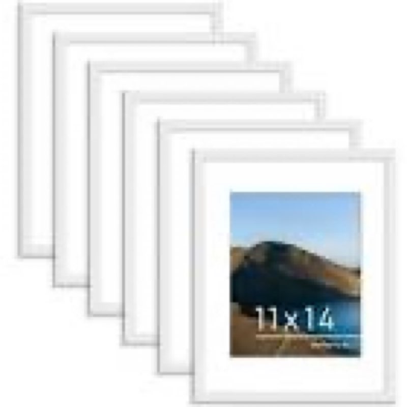 PEALSN 11x14 Picture Frame Set of 6, Display Pictures 8x10 with Mat or 11x14 without Mat for Wall Mounting or Table Top Display, Photo Frames Collage for Wall Decor, White. White 11x14