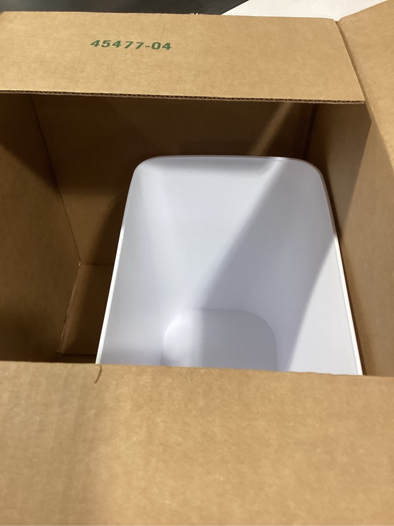 Condition photo showing New/Like New for mDesign Plastic Small 3-Gallon Wastebasket, Trashcan Container Bin - for Bathroom, Bedroom, Kitchen, Home Office, Laundry Room - Holds Trash, Garbage, Waste - White