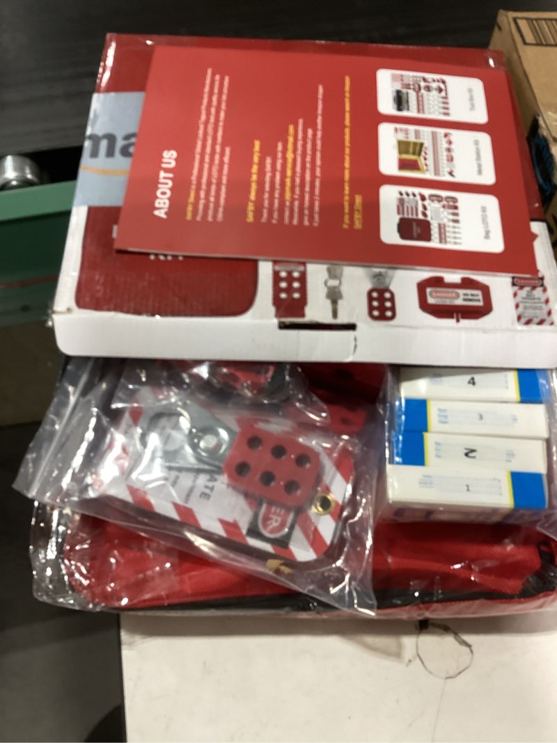 Condition photo showing As Is for Lockout Tagout Kit Electrical Loto - Clamp-On Circuit Breaker Lockout, Group Lockout Hasps, Lockout Tag, Universal Multi- Pole Breaker with Pocket Bag (Bigger Red Kit)