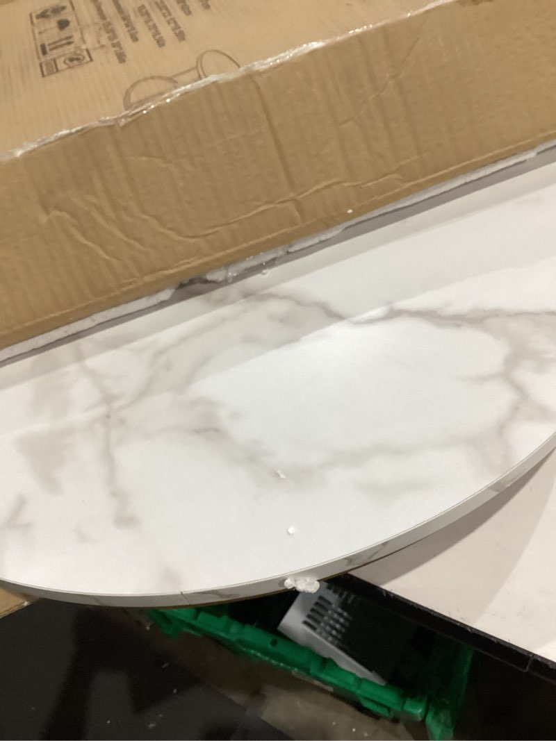 Condition photo showing As Is for aboxoo coffee table nesting white set of 2 side set golden frame circular round and marble pattern wooden tables, living room bedroom apartment modern industrial simple nightstand gold white engineered wood