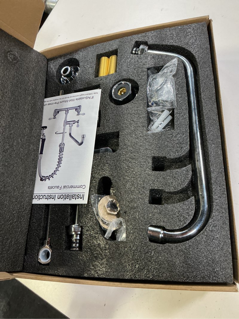 Condition photo showing As Is for Commercial Faucet with Sprayer, Brass Chrome Wall Mount Restaurant Kitchen Sink Faucet 25" Height 8" Center with Coilded Spring Pull Down Pre Rinse Sprayer, 12" Spout and 18" Hose (25 inches) 25" HEIGHT WITH 12" SPOUT & 18" HOSE