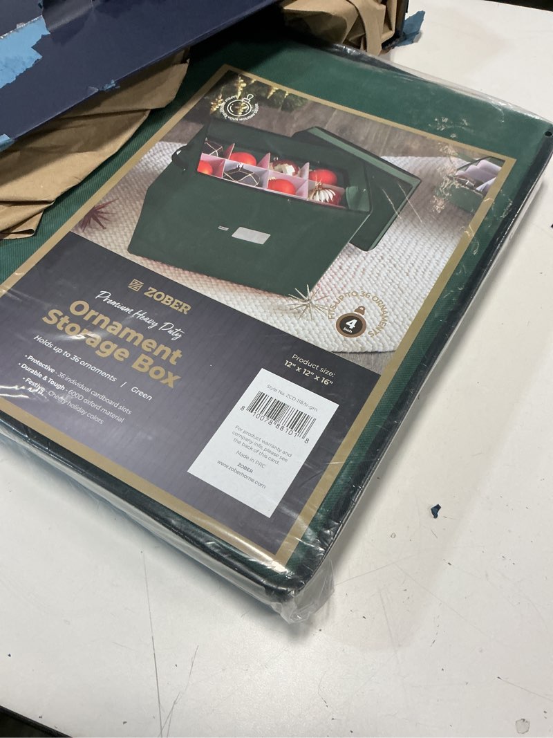 Condition photo showing New/Like New for ZOBER Christmas Ornament Storage Box - Stores 36 4" Large Ornaments with Individual Trays - Tear Proof 600D Oxford Fabric - Ornament Organizer Storage Box, Durable Christmas Containers Holder - Green 36 - 4" Ornaments Green