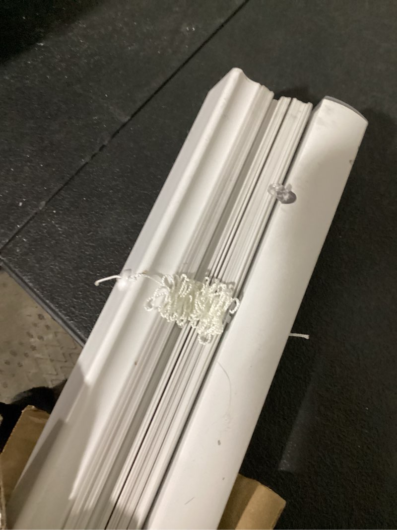 Condition photo showing As Is for project source 1-in slat width 38-in x 64-in cordless white vinyl light filtering mini-blinds