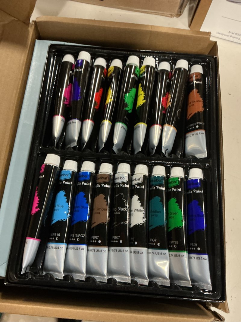 Condition photo showing Good Condition for koseibal acrylic paint set for kids & adults, art supplies kit with canvas | acrylic painting supplies kit features 18 vibrant colors, 5 canvas panels, 8 art brushes, drawing pad 18 acrylic paints