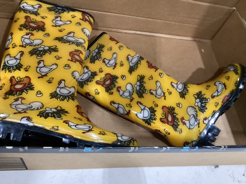 Condition photo showing Good Condition for dksuko women's waterproof rain boots mid calf rubber garden farm boots | wide calf, cushioned insole, and roomy shaft for wet grass, muddy yards, dog walks, and easy rinse-clean care 9 yellow chicken