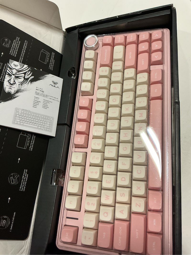 Condition photo showing Good Condition for aula f75 75% wireless mechanical keyboard, hot swappable pink creamy keyboard, pre-lubed linear switches, pbt keycaps, 2.4ghz/type-c/bt5.0, rgb backlit computer gaming keyboards for office/laptop/pc