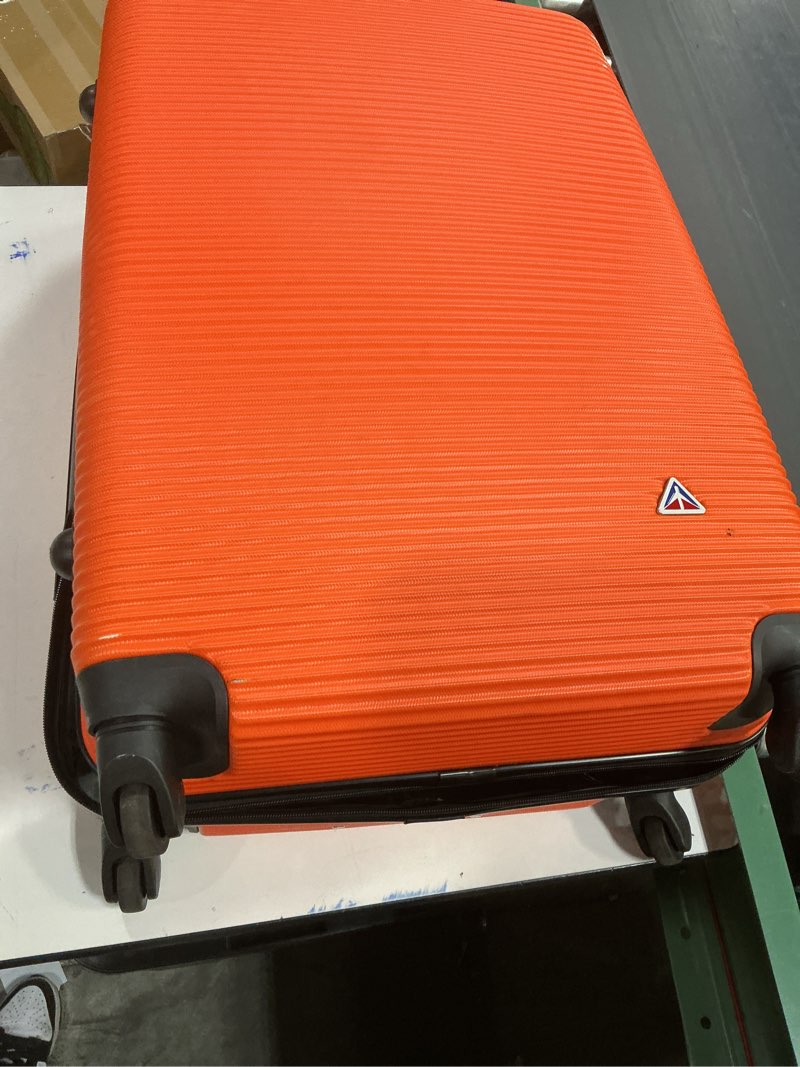 Condition photo showing As Is for inusa royal hardside spinner luggage with ergonomic handles | spacious travel suitcase with four spinner wheels and studs | 24 inch medium hardside spinner luggage | orange 24 inch orange