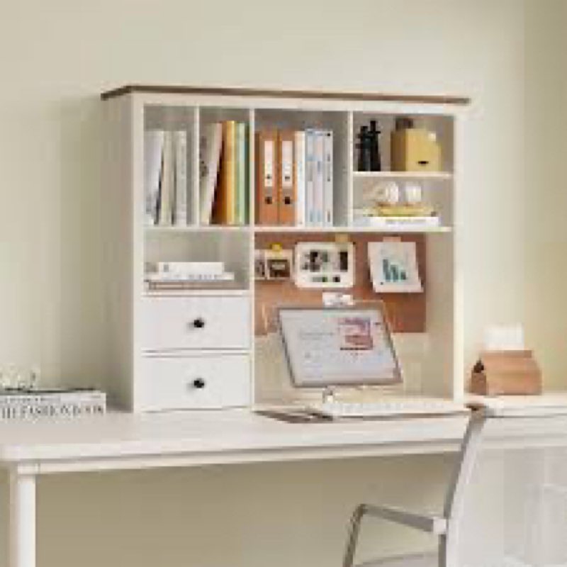 Treocho Desktop Hutch Bookshelf with Cork Board for Photos and Reminders, White Desk Organizer with 