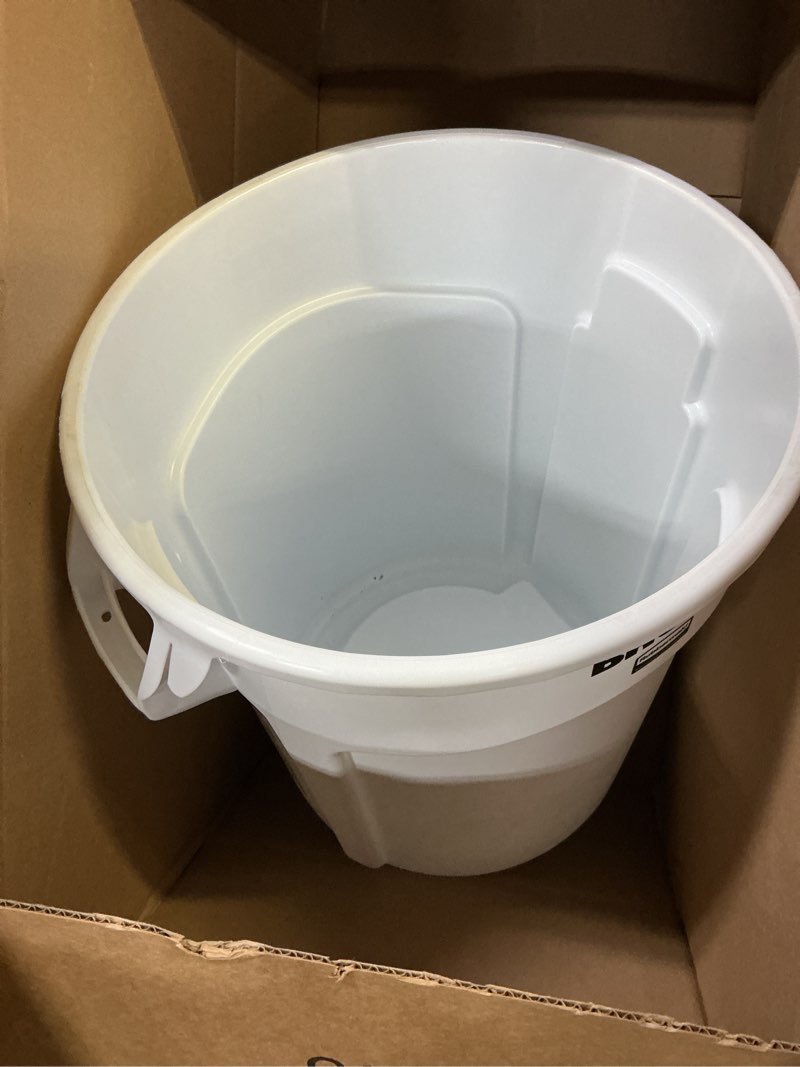 Condition photo showing As Is for Rubbermaid Commercial Products BRUTE Heavy-Duty Round Trash/Garbage Can, 20-Gallon, White, Outdoor Waste Container for Landscapers/Construction/Restaurants/Back of House/Offices/Warehouses, Pack of 6 White 6 Pack Can