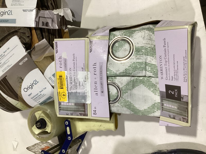 Condition photo showing As Is for allen + roth 84-in green geometric light filtering grommet curtain panel pair