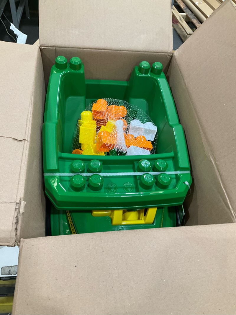 Condition photo showing Good Condition for mega bloks john deere toddler building blocks toy set, dump truck with 25 pieces and storage, 1 figure, green, ages 1+ years