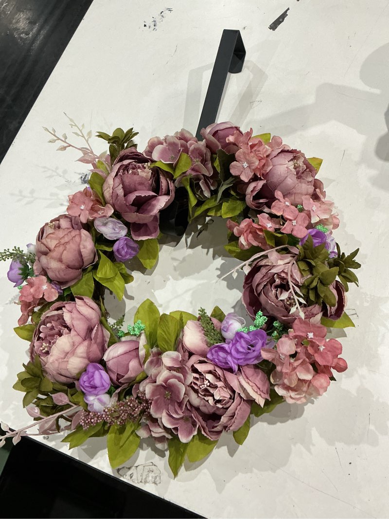 Condition photo showing As Is for muzi 16" artificial rose flower wreath floral door wreath with green leaves for front door wedding window wall home holiday decor