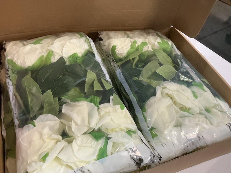 Condition photo showing New/Like New for kisflower 60 pcs white roses artificial flowers bulk, silk roses with stem realistic white artificial roses for decoration diy wedding bouquet bridal shower party home table centerpieces decor (white) white-60