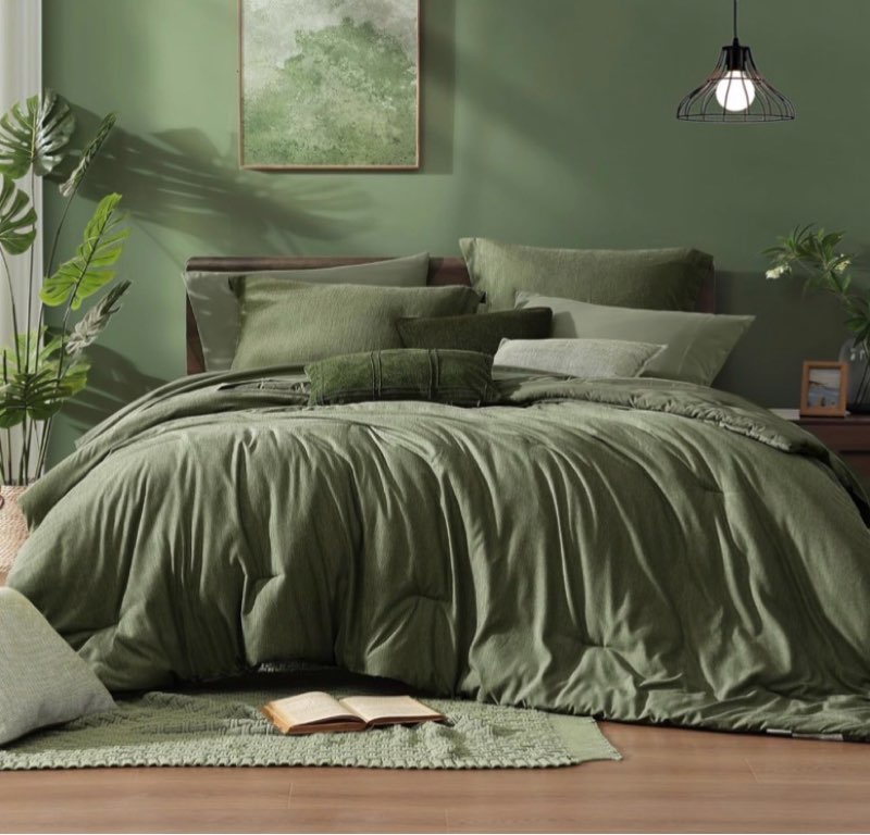 Monbix Oversized King Size Comforter Set - 7 Pieces Olive Green Bed in a Bag Oversized King Bedding 