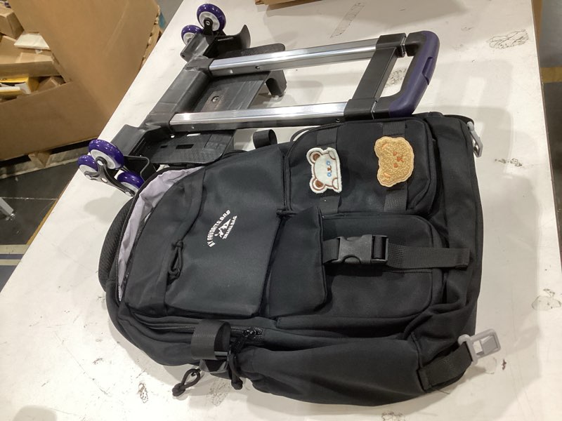 Condition photo showing As Is for black rolling backpack with wheels for girls boys, kids roller wheeled backpack middle school bag, trolley rolling bookbag on 6 wheels 6 wheels black