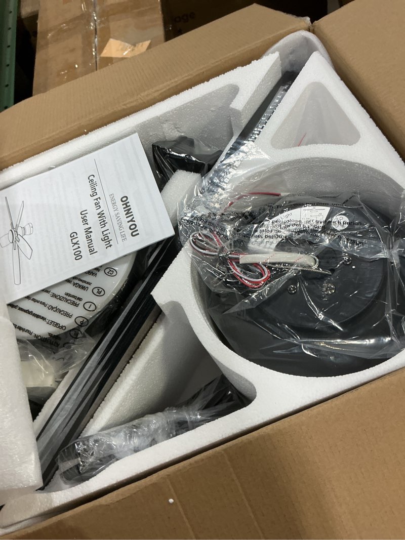 Condition photo showing New/Like New for Ohniyou Ceiling Fans with Lights, 52'' Low Profile Ceiling Fan with Light and Remote/APP Control, Modern Flush Mount Ceiling Fan for Indoor Bedroom Living Room, Dimmable, Qiuet DC Motor, Black Black 52 inch