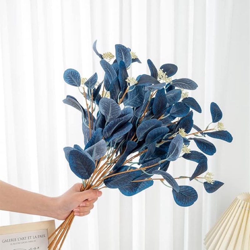 6 pieces/lot artificial plants fake eucalyptus leaves of bouquet for bride home table garden decoration (royal blue)