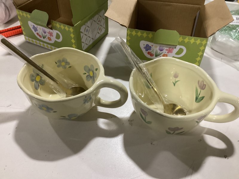 Condition photo showing New/Like New for Vesici 2 Pcs Ceramic Coffee Mugs Flower Cups with Spoon Vintage Floral Mugs with Handle 8.5 oz Aesthetic Tea Porcelain Cup Gift for Valentine Office Home, Dishwasher and Microwave Safe(Lovely)