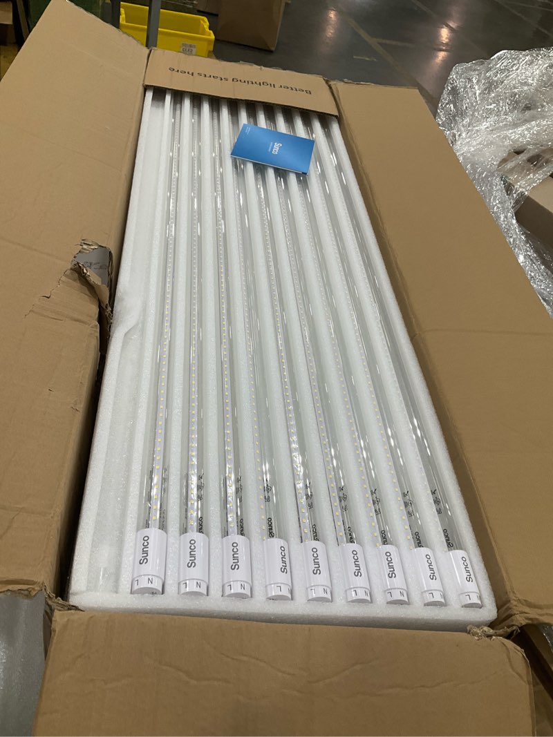 Condition photo showing As Is for incomplete, missing 1 out of 50, sunco 50 pack t8 led bulbs 4 foot, 48 inch tube light bulbs fluorescent replacement, single or double ended hybrid type a+b, 2400 lm, 20w, 5000k daylight, clear lens etl.