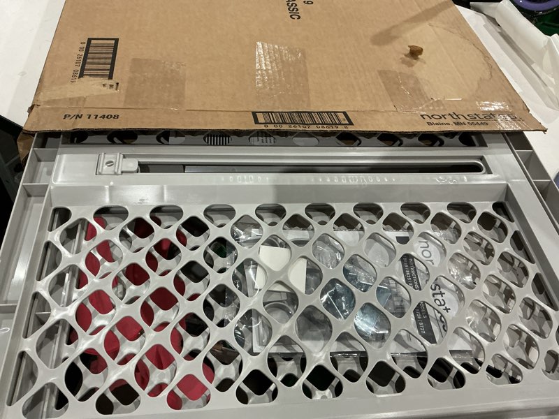 Condition photo showing Good Condition for mypet north states universal pet gate: 26” - 42” wide dog gate. use as pressure mounted gate or swinging door with included hardware. dog gates for doorways, 26" tall, gray