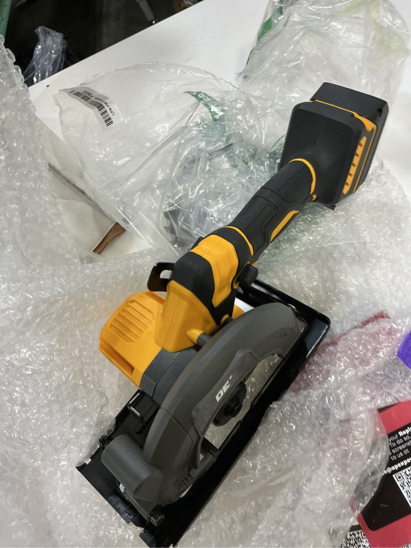Condition photo showing As Is for brushless cordless circular saw, for milwaukee m18 battery, 6-inch aluminum alloy blade, 5900 rpm, 4.2 lbs lightweight, cutting depth 2-1/20" (90°), 0-90° bevel, hex wrench, rip guide, for wood, pvc 6-inch circular saw for miwaukee m18