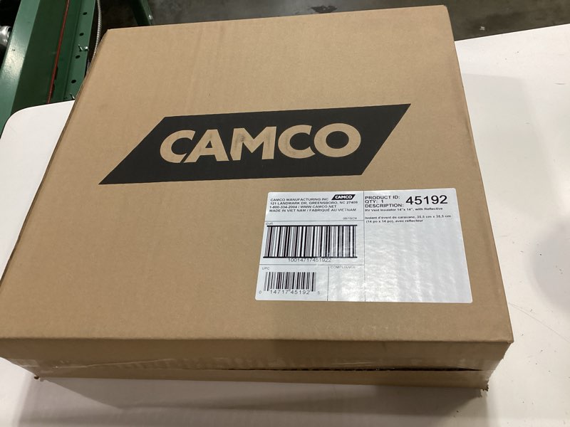 Condition photo showing New/Like New for camco 14 inch rv vent insulator cover for roof or skylight, reflective surface, white 14" x 14" reflective insulator