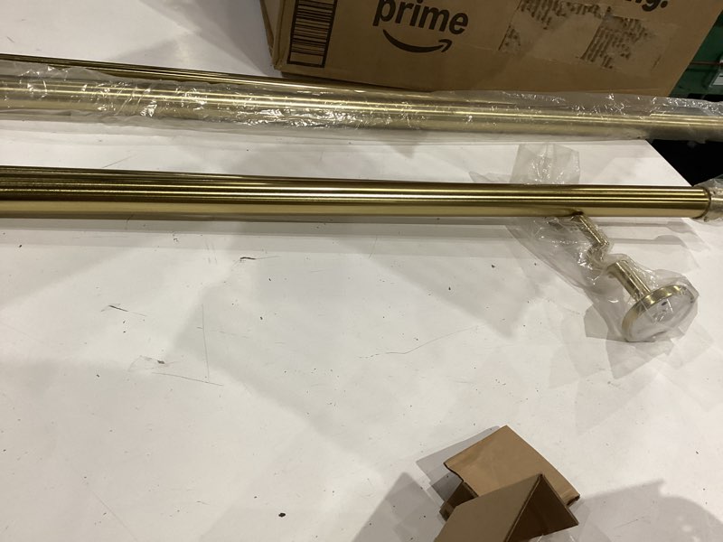 Condition photo showing As Is for double curtain rods 48-84", decorative double drapery rods with cap finials, heavy duty 1 inch front and 5/8 inch back telescoping dual curtain rod, antique bronze