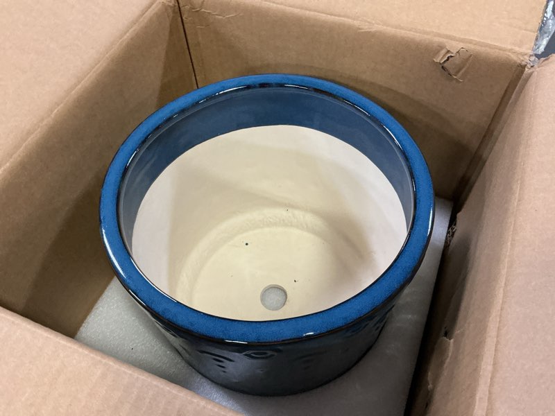 Condition photo showing As Is for 10 Inch Plant Pot - Ceramic Planter Outdoor Plant Pot Indoor with Drainage Holes and Saucer Large Flower Pot Round Decorative Planter for Garden Patio Decor Blue 10 Inch Blue