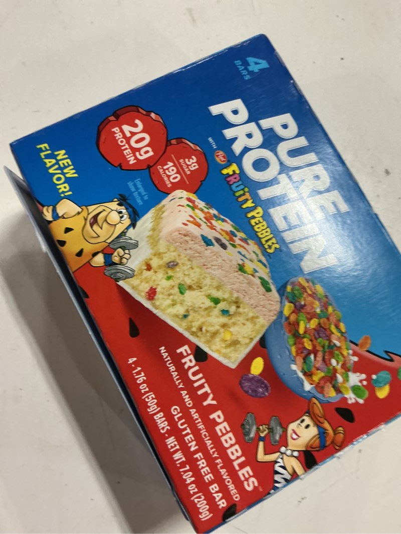 Condition photo showing New/Like New for (best by 12/22/26) pure protein fruity pebbles™ protein bars – 20g protein, 3g sugar, 190 calories (4 count) low sugar*