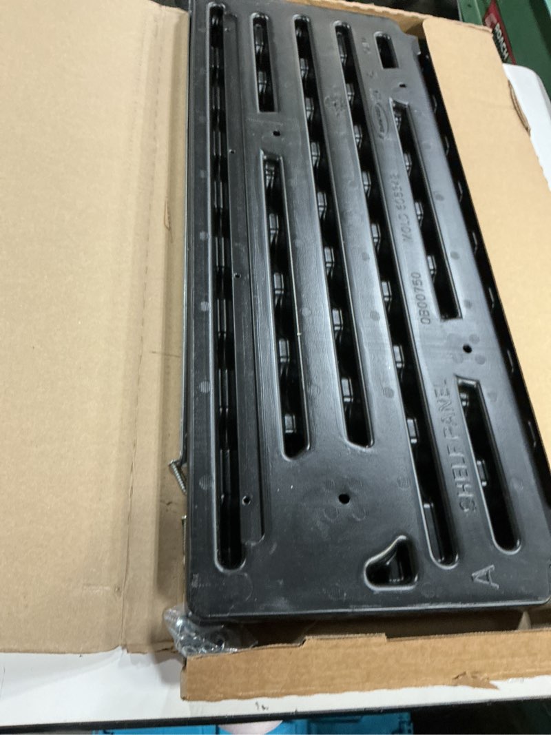 Condition photo showing As Is for suncast vertical shed shelf kit, space-saving shelf for vertical outdoor storage sheds, 27.75" w x 14.5" d x 1.25" h, black, made in the usa