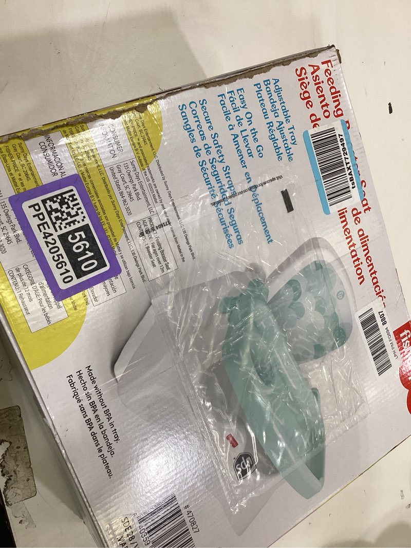 Condition photo showing As Is for fisher-price™ feeding booster seat for toddlers, adjustable tray, portable high chair with safety straps, folds for travel, ages 1+