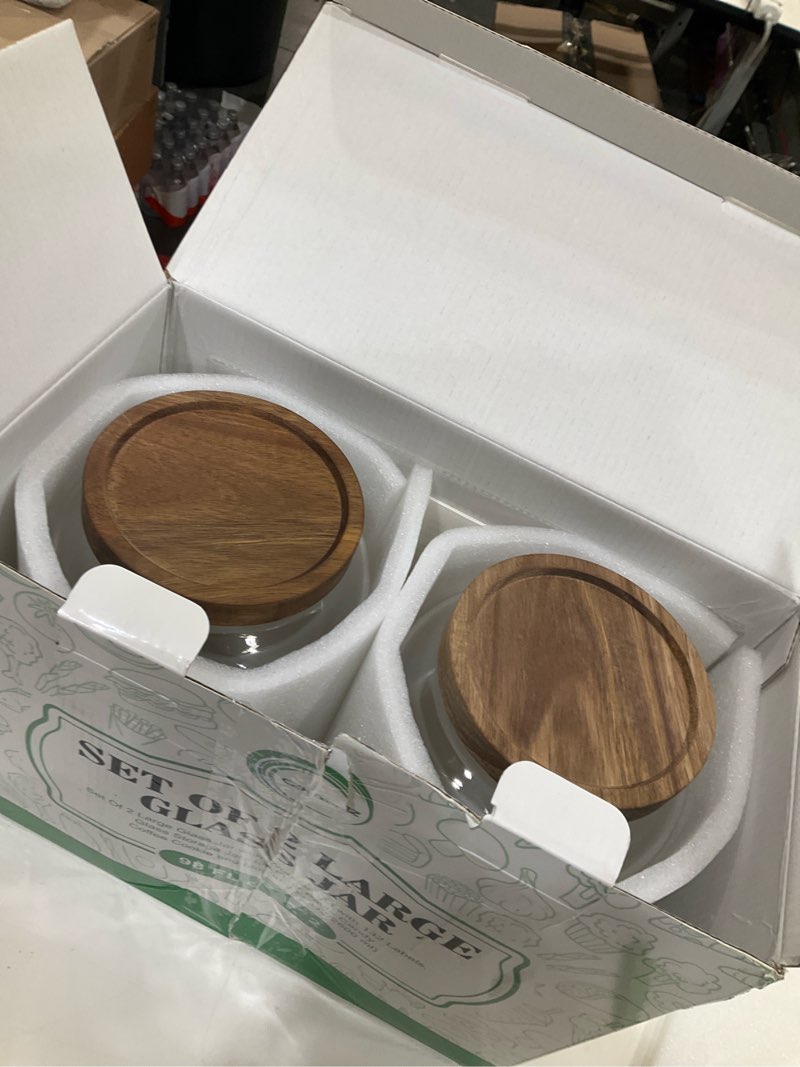 Condition photo showing New/Like New for Set of 2 Large Glass Jar with Airtight Acacia Lid and 132 Kitchen Pantry Labels, Clear Glass Food Storage Jars Containers for Rice Flour Pasta Sugar Coffee Cookie and More(98 Fl Oz/2800 Ml) 2800ml