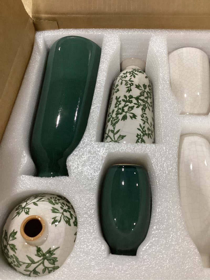 Condition photo showing Good Condition for ceramic vase set of 6?flower vases for bouquet?small vases for pampas grass dried flowers?vintage vase for centerpieces?chinoiserie decor?shelf decor, table, living room bedroom- green and beige