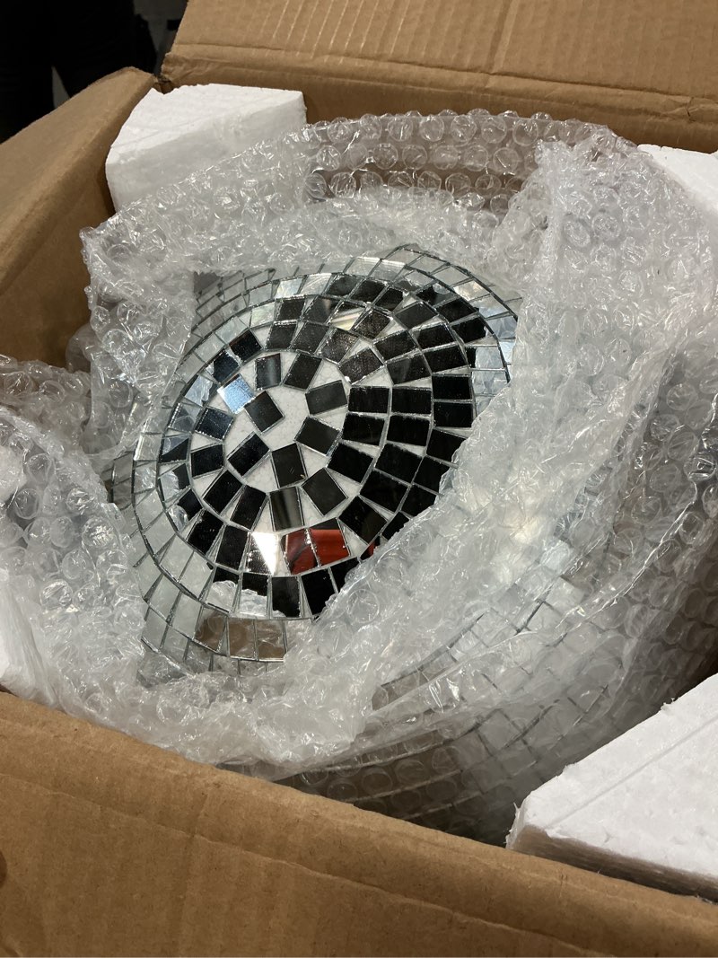 Condition photo showing As Is for Disco Ball - 12 Inch Mirrored Discos Balls, Large Disco Bal, Rotating Ball for Party Designs, Weddings, Home Decor, Silver Hanging Discos Balls. 12inch