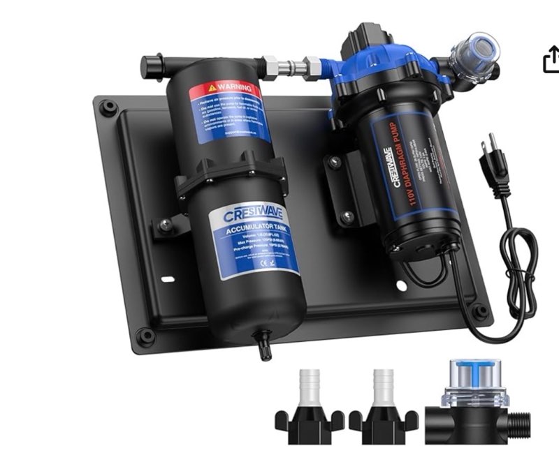 crestwave rv water pump 110v ac 7gpm 70psi and 1l 125psi pre-pressurized accumulator tank, quiet wat