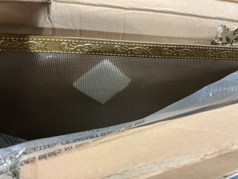 Condition photo showing Good Condition for Pilgrim Home and Hearth 18254 Bay Branch Embossed Single Panel Fireplace Screen, Antique Brass