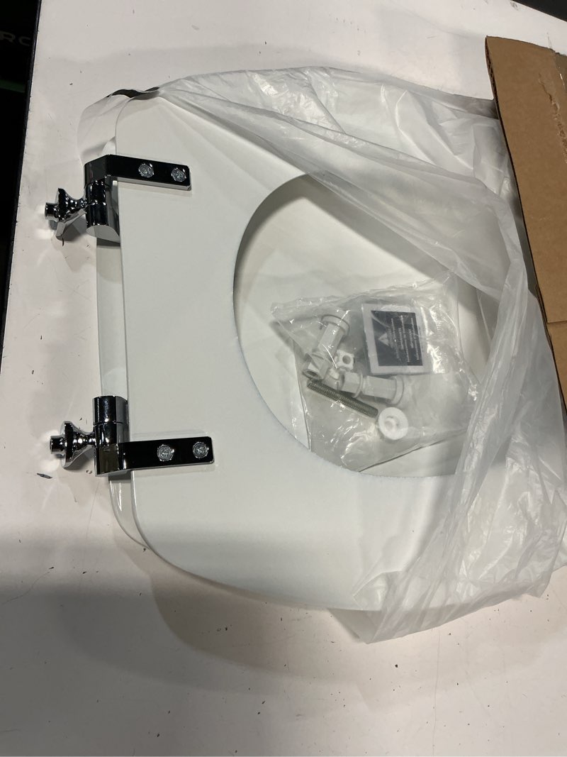 Condition photo showing Good Condition for MAYFAIR 1844CP 000 Toilet Seat with Chrome Hinges will Never Come Loose, ELONGATE , White Elongated Chrome Hinge