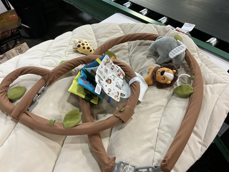 Condition photo showing As Is for blissful diary baby play gym & activity mat, leaf shaped baby tummy time play mat with 6 detachable toys, promotes motor skills & sensory development, newborn baby essentials gift, oatmeal beige