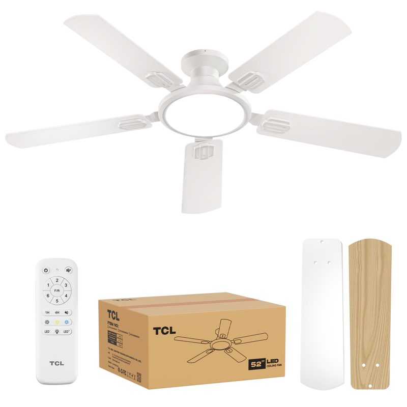 tcl 52" low profile ceiling fan with light, slim, white, flush mount, dc reversible motor, 6 speeds, remote control, noiseless, dimmable, led light, 3cct, modern ceiling fan for bedroom living room