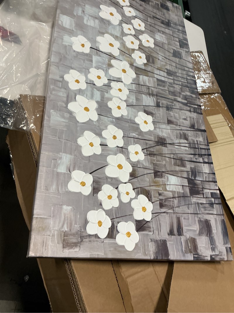 Condition photo showing Good Condition for yihui arts canvas wall art grey and white flowers pictures blossom modern floral pallet knife painting framed for bedroom kitchen dinning room living room office home decor