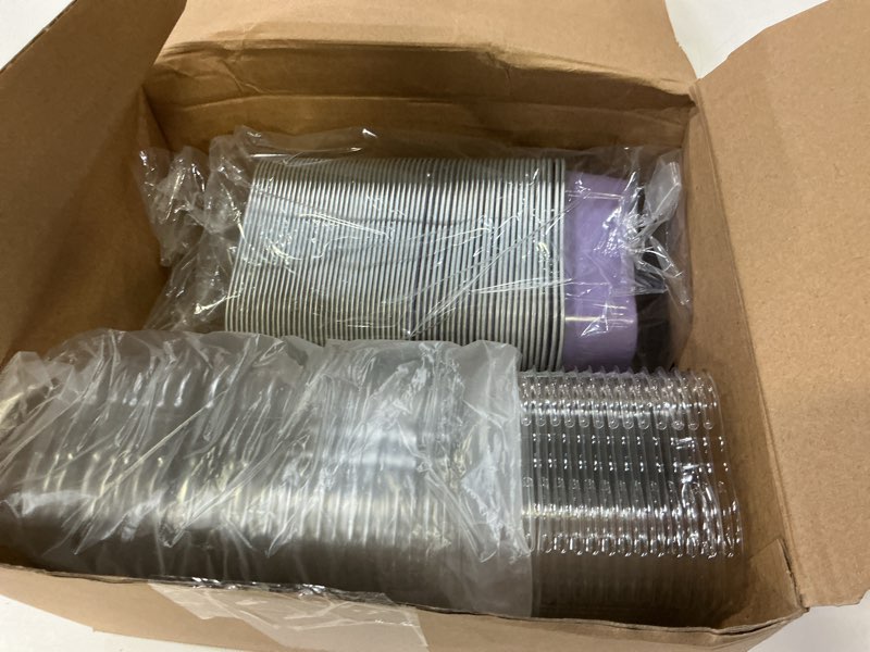 Condition photo showing As Is for vesici 100 sets mini loaf pans with lids, 5.7 oz disposable aluminum foil baking cups, rectangle cake pans for baking storage birthday party(purple) purple 100